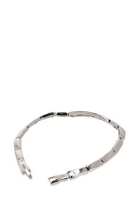 Hopeaketju, joka on valmistettu hopeanvärisestä metallista, sisältää toisiinsa kytkeytyviä suorakulmaisia linkkejä, joilla on kiiltävä pinta ja sileä rakenne. Säädettävä kiinnitys.