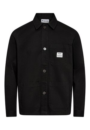 Black button-up jacket made of sturdy fabric, featuring a collar, chest pocket with logo label, and two front pockets. Smooth texture.