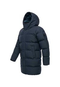 Navy blue padded winter coat with hood, front pockets, and long sleeves shown from a three-quarter view.