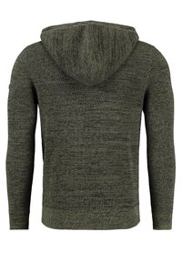 Groene gebreide hoodie met een gestructureerde afwerking, met een capuchon en lange mouwen. De zoom en boorden zijn geribbeld voor een goede pasvorm.