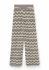 Brede gebreide broek met een zigzagpatroon in groen, beige en wit. Kenmerkt zich door een textuur en een elastische tailleband, gemaakt van lichtgewicht materiaal.