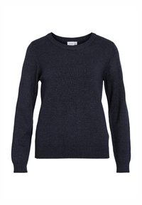 Pull en maille bleu marine avec un col rond, des manches longues, des poignets et un ourlet côtelés, fabriqué dans un tissu doux et texturé.