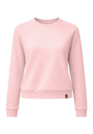 Sudadera rosa claro de manga larga con cuello redondo, puños y bajo acanalados, con una pequeña etiqueta de marca marrón cerca de la parte inferior derecha.