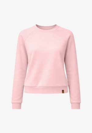 Sudadera rosa claro de manga larga con cuello redondo, puños y bajo acanalados, con una pequeña etiqueta de marca marrón cerca de la parte inferior derecha.