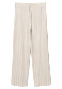 Široké kalhoty světle béžové barvy s vertikálními pruhy. Mají elastický pas a měkkou, texturovanou tkaninu pro pohodlí.