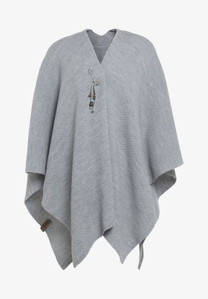 Grijze gebreide poncho met een losse pasvorm, V-halsontwerp en een decoratieve sluiting met houten accenten. Heeft een gestructureerd patroon en open randen.