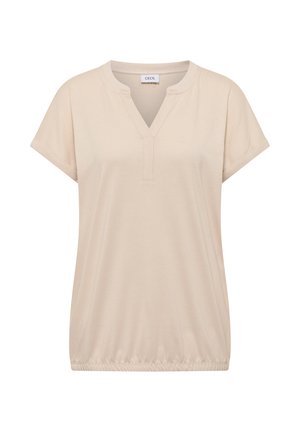 Beige Kurzarmbluse mit V-förmigem Ausschnitt, elastischem Saum und hochgekrempelten Ärmelbündchen, mit dem Markenlabel "CECIL" im Innenkragen.