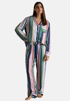 Striped pajama set featuring multicolored vertical stripes in green, blue, pink, and red. Long-sleeved shirt with a chest pocket and drawstring pants.