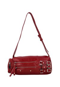 Borsa a tracolla in pelle rossa con superficie testurizzata, due tasche con cerniera, dettagli con fibbie e una lunga tracolla regolabile.