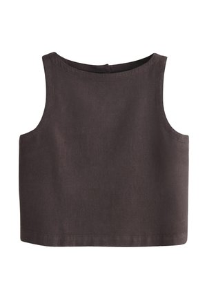 Haut court marron foncé sans manches avec un col rond et une texture de tissu simple et lisse.