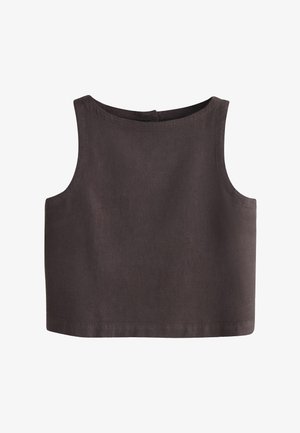 Haut court marron foncé sans manches avec un col rond et une texture de tissu simple et lisse.