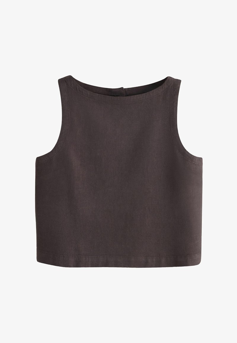 Haut court marron foncé sans manches avec un col rond et une texture de tissu simple et lisse.