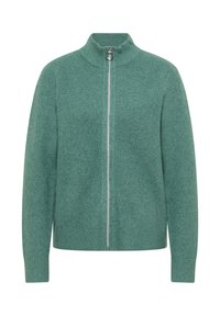 Zelený žebrovaný pletený svetr na zip s vysokým límcem a stříbrným zipem. Dlouhé rukávy a rovný lem dokončují design.