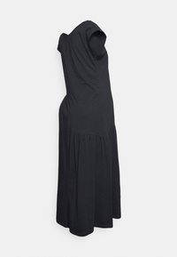 Vestido preto de algodão com mangas curtas, corpete ajustado e saia rodada. Textura suave, comprimento até o joelho, design simples sem padrões.