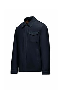 Marineblauwe jas met een zachte textuur, knoopsluiting, een borstzak en twee voorzakken; heeft een klassieke kraag en lange mouwen.