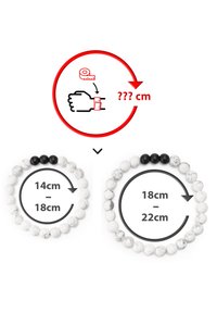 Beaded bracelets in white and black, with varying diameters of 14-18 cm and 18-22 cm, showcasing smooth, marble-like textures.