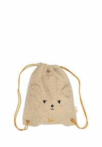 Beige dragsko väska med björns ansiktsdesign, mjuk textur, ljus sömnad och gula snören. Har öron och en liten rosettdetalj.