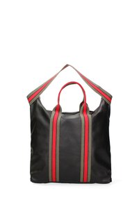 Borsa tote in pelle nera con manici e tracolle a strisce rosse e verde oliva, caratterizzata da una superficie testurizzata e una chiusura con zip superiore.