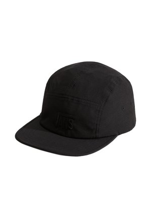 Zwarte vijfpanelen cap met een platte rand en subtiele Vans-logo stitching op het voorpaneel.