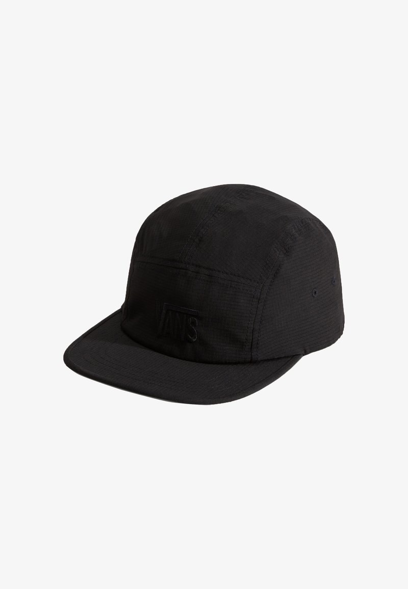 Black five-panel cap with a flat brim and subtle Vans logo stitching on the front panel.