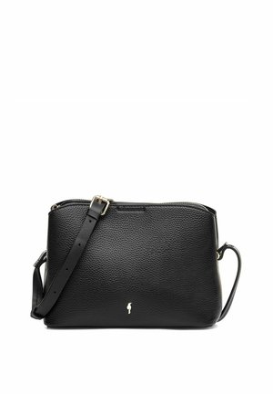 Czarna skórzana torebka na ramię o teksturowanym wykończeniu, z suwakiem i regulowanym paskiem; mały detal logo z przodu.