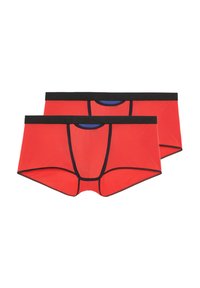 Red men's boxer briefs with a black waistband, featuring contrasting stitching and an ergonomic pouch design for comfort. Two-piece set.