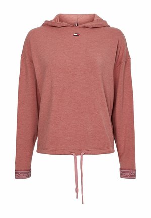 Støvet lyserød langærmet hættetrøje med snøre i forenden og lille sort, hvidt og rødt logo på brystet.