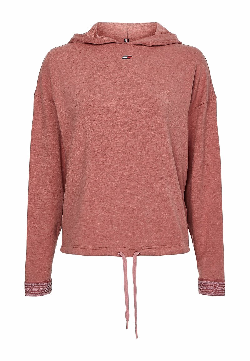 Sweat-shirt à capuche à manches longues rose poussiéreux avec ourlet à cordon de serrage à l'avant et petit logo noir, blanc et rouge sur la poitrine.
