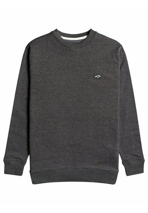 Mørkegrå sweatshirt med rund hals og lange ærmer samt en lille sort rektangulær logo-patch på venstre bryst.