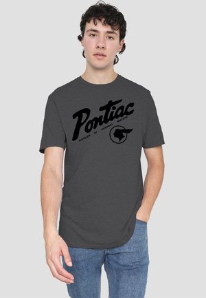 Gray t-shirt featuring a large black "Pontiac" logo and smaller text reading "Division of General Motors," with a circular graphic.