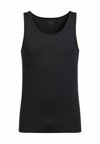 Canotta nera realizzata in un tessuto liscio e elasticizzato. Caratterizzata da un collo rotondo e design senza maniche con cuciture pulite e uniformi.