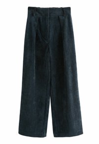 Wijduitlopende corduroybroeken in donker teal, met een ribbelstructuur, geplooide voorkant en een elastische tailleband voor comfort.