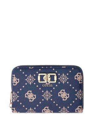 Portefeuille Guess bleu marine avec motif monogramme beige, plaque logo dorée et fermeture éclair sur les bords supérieur et latéral.
