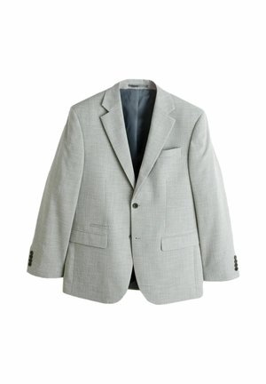 Light gray single-breasted men's blazer with notch lapels, two front flap pockets, one chest pocket, and four buttons on each sleeve cuff.