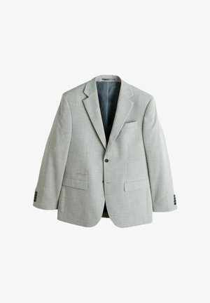 Hellgrauer, einreihiger Herrenblazer mit fallenden Revers, zwei vorderen Pattentaschen, einer Brusttasche und vier Knöpfen an jedem Ärmelabschluss.