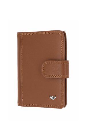 Braune Lederbrieftasche mit genähten Rändern, einem Druckknopfverschluss und einem kleinen metallischen Stier-Logo in der unteren rechten Ecke.