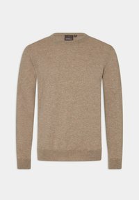 Beige Strickpullover aus weichem Material, mit klassischem Rundhalsausschnitt, langen Ärmeln und gerippten Bündchen sowie Saum. Keine Muster oder Akzente.