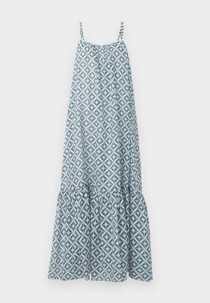 Duga haljina bez rukava s tankim naramenicama i geometrijskim uzorkom u plavoj, bijeloj i crnoj boji nalik cvijeću, proširenim volanastim rubom.