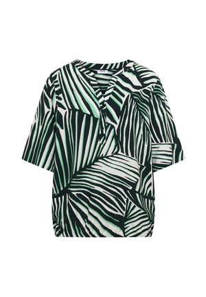 Blouse à manches courtes avec motif abstrait de feuilles de palmier noir, blanc et vert et fermeture éclair à encolure en V.