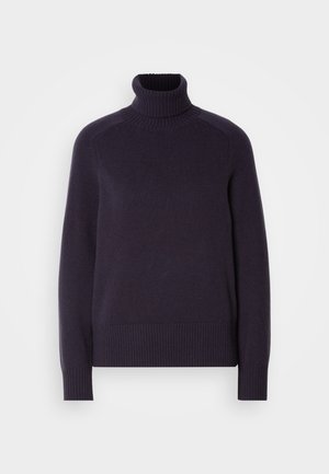 Mørk lilla høyhalset genser med ribbestrikket krage og mansjetter. Myk tekstur og enkelt design; har en tettsittende fasong og lange ermer.