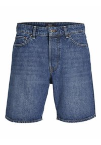 Shorts in denim blu scuro con un classico design a cinque tasche, cuciture visibili e chiusura con bottone frontale. Tessuto robusto, vestibilità casual.