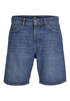 Dunkelblaue Denim-Shorts mit klassischem Fünf-Taschen-Design, sichtbaren Nähten und einem vorderen Knopfverschluss. Robuste Textur, lässige Passform.