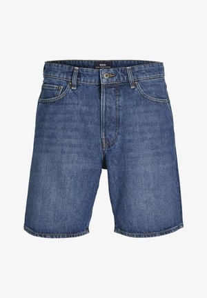 Dunkelblaue Denim-Shorts mit klassischem Fünf-Taschen-Design, sichtbaren Nähten und einem vorderen Knopfverschluss. Robuste Textur, lässige Passform.