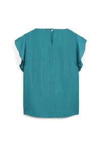 Blusa corta a maniche corte color teal con maniche a campana, una sottile trama verticale e una piccola chiusura a bottoncino a chiave sul retro del collo.