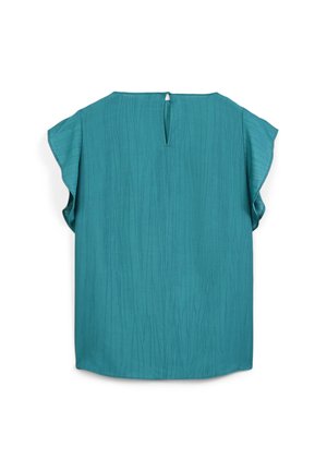 Blouse à manches courtes couleur sarcelle avec une finition texturée, un col rond et un petit détail en forme de trou de serrure à l'arrière. Tissu doux et fluide.