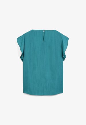 Blouse à manches courtes couleur sarcelle avec une finition texturée, un col rond et un petit détail en forme de trou de serrure à l'arrière. Tissu doux et fluide.