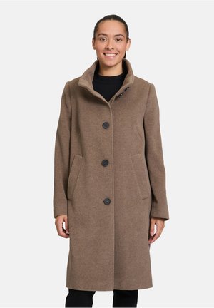 Brown wool coat with a high collar, featuring a single-button closure and two front pockets; smooth texture and tailored design.