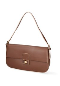 Borsa a spalla in pelle marrone con una texture liscia, forma rettangolare e dettaglio della chiusura in tono oro sul davanti. Incluso un cinturino regolabile.