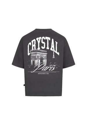 Graues Baumwoll-T-Shirt mit lässiger Passform. Auf der Rückseite befindet sich ein großes weißes Grafikdruck des Arc de Triomphe und "CRYSTAL Paris".