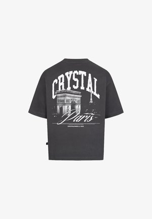 Graues Baumwoll-T-Shirt mit lässiger Passform. Auf der Rückseite befindet sich ein großes weißes Grafikdruck des Arc de Triomphe und "CRYSTAL Paris".